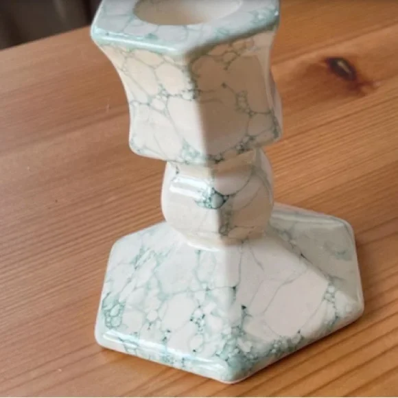 PartyLite Terrazzo P0591 cream and green marbled taper candlestick holder set - Picture 5 of 8